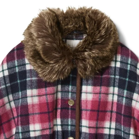 Janie and Jack Fuschia Pink Plaid Poncho Faux Fur Trim•NWT
